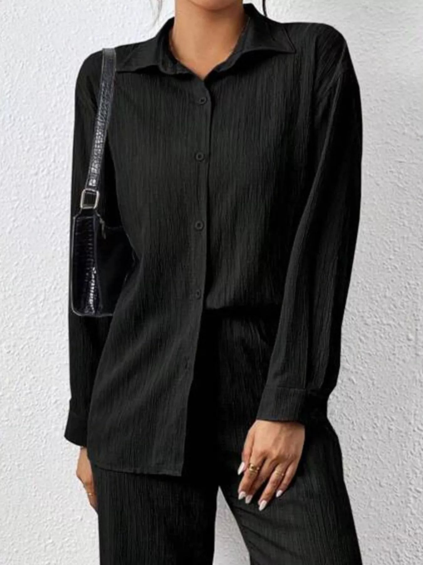 Button Up Long Sleeve Shirt and Pants Set OutfitFlow