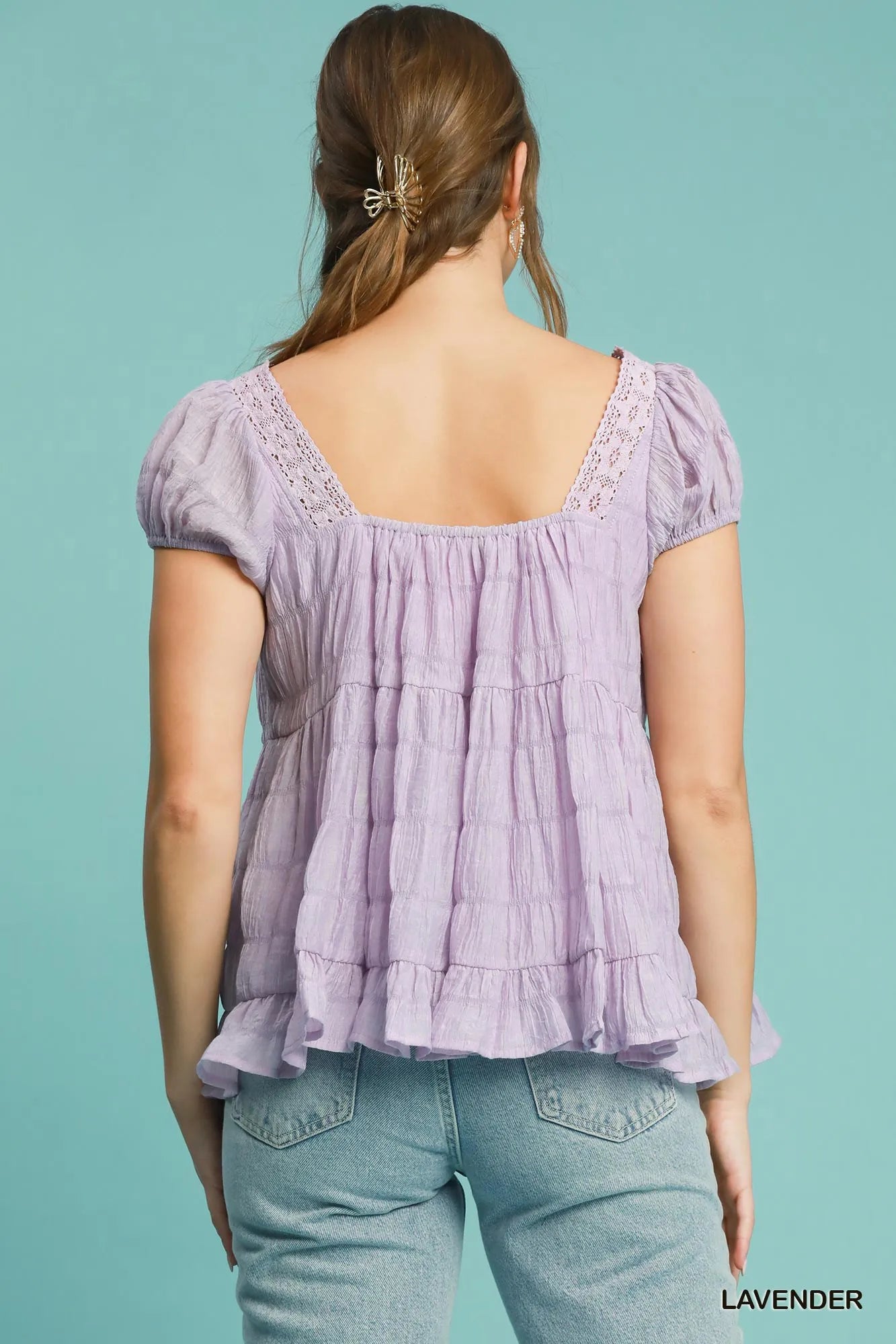Umgee Textured Square Neck Bow Tie Blouse with Ruffle Hem Trendsi