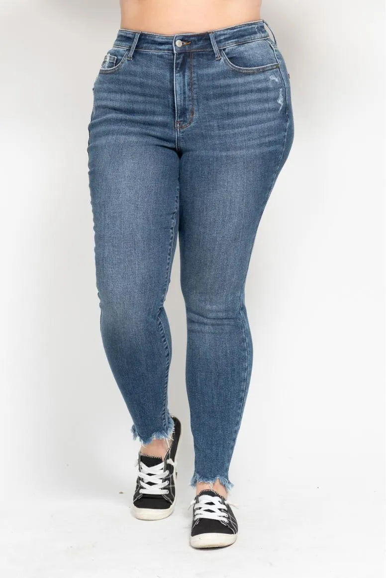 Judy Blue Plus Size High Waist Skinny with Destroy & Shark Bit Hem OutfitFlow
