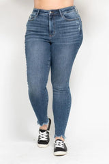 Judy Blue Plus Size High Waist Skinny with Destroy & Shark Bit Hem OutfitFlow