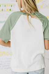 Color Block Raglan Short Sleeve Half Buttons High Low T Shirt OutfitFlow