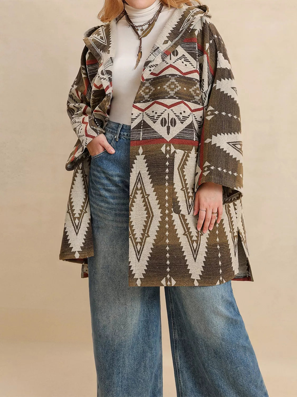 Plus Size Aztec Print Hooded Open Front Cardigan OutfitFlow
