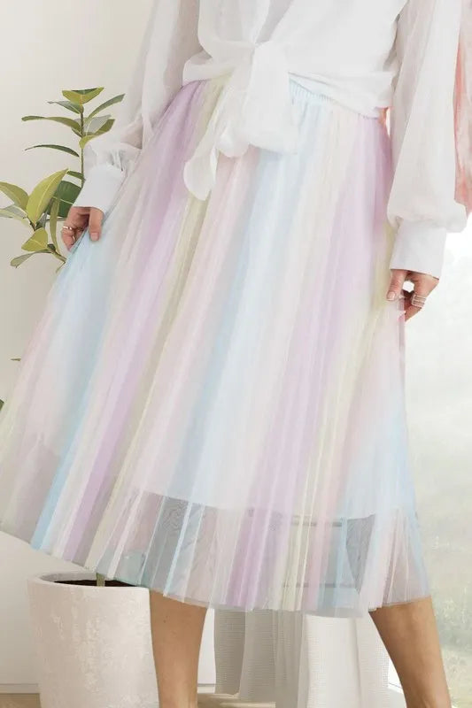 ADORA Unicorn Pleated Mesh Flare Midi Skirt OutfitFlow
