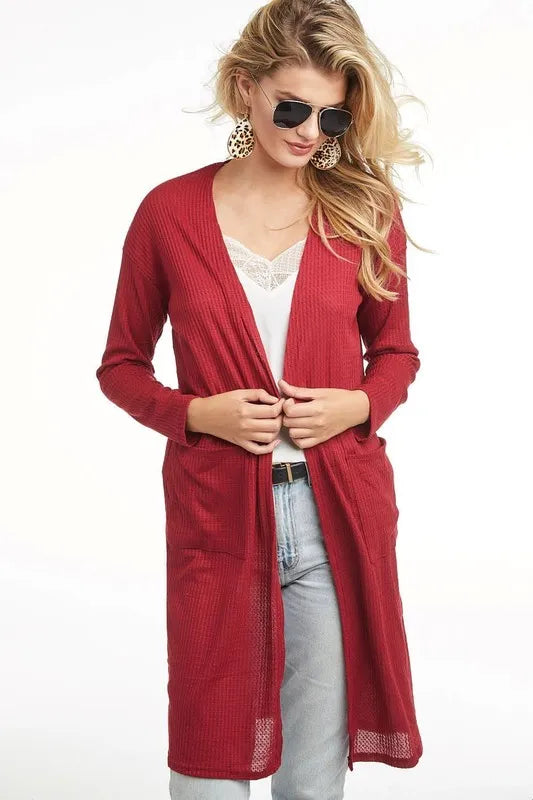 BiBi Pockets Thermal Open Front Cardigan BURGUNDY OutfitFlow