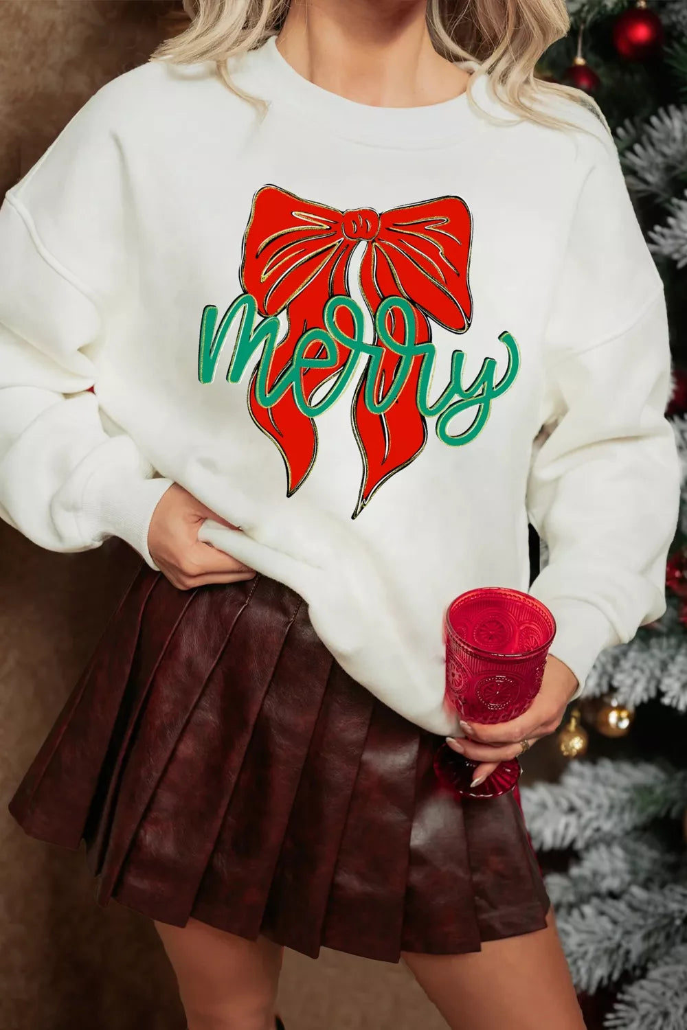 Merry Bow Graphic Drop Shoulder Loose Christmas Sweatshirt OutfitFlow