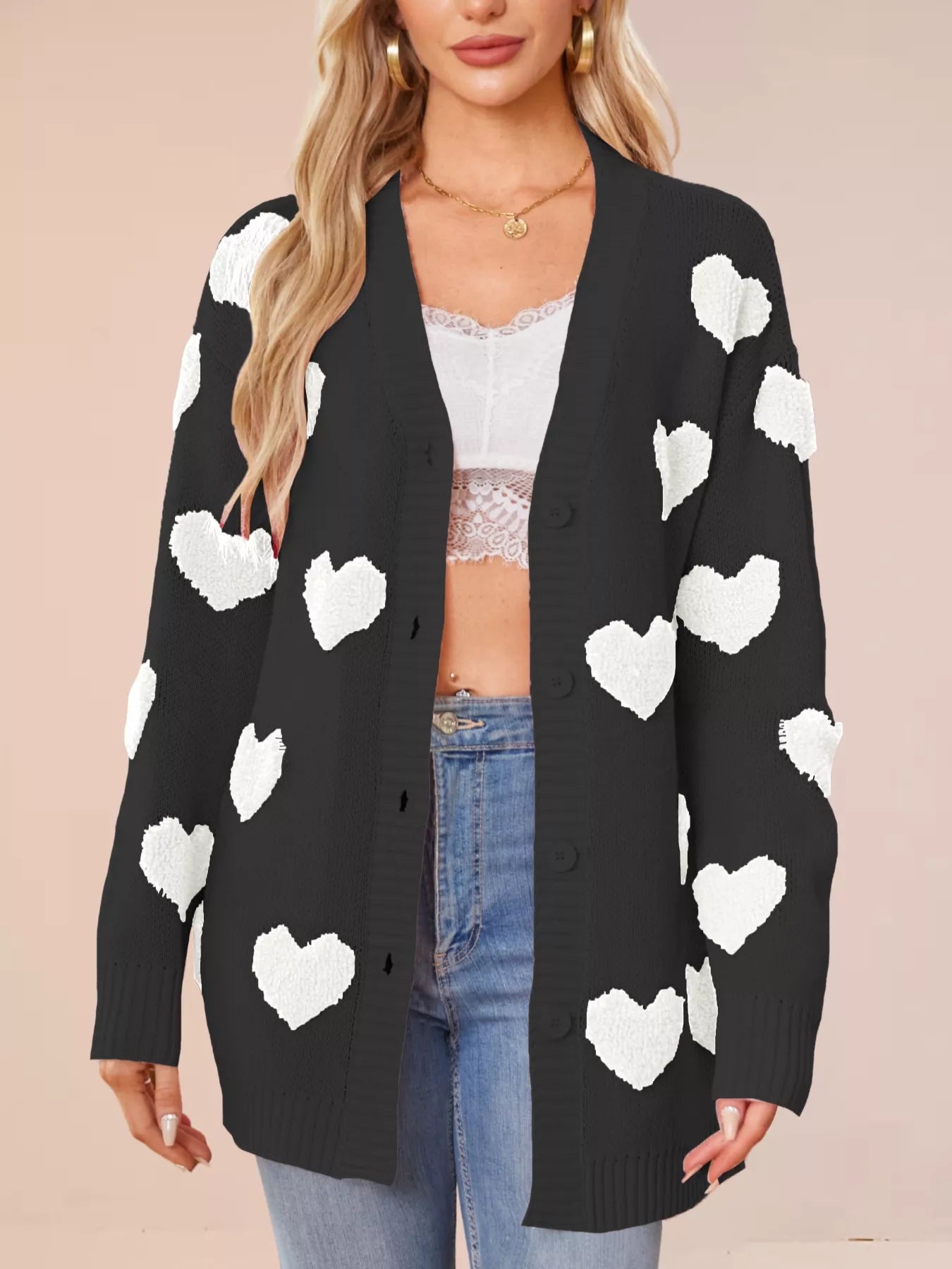 Heart Pattern Knit Button-Up Cardigan Black OutfitFlow