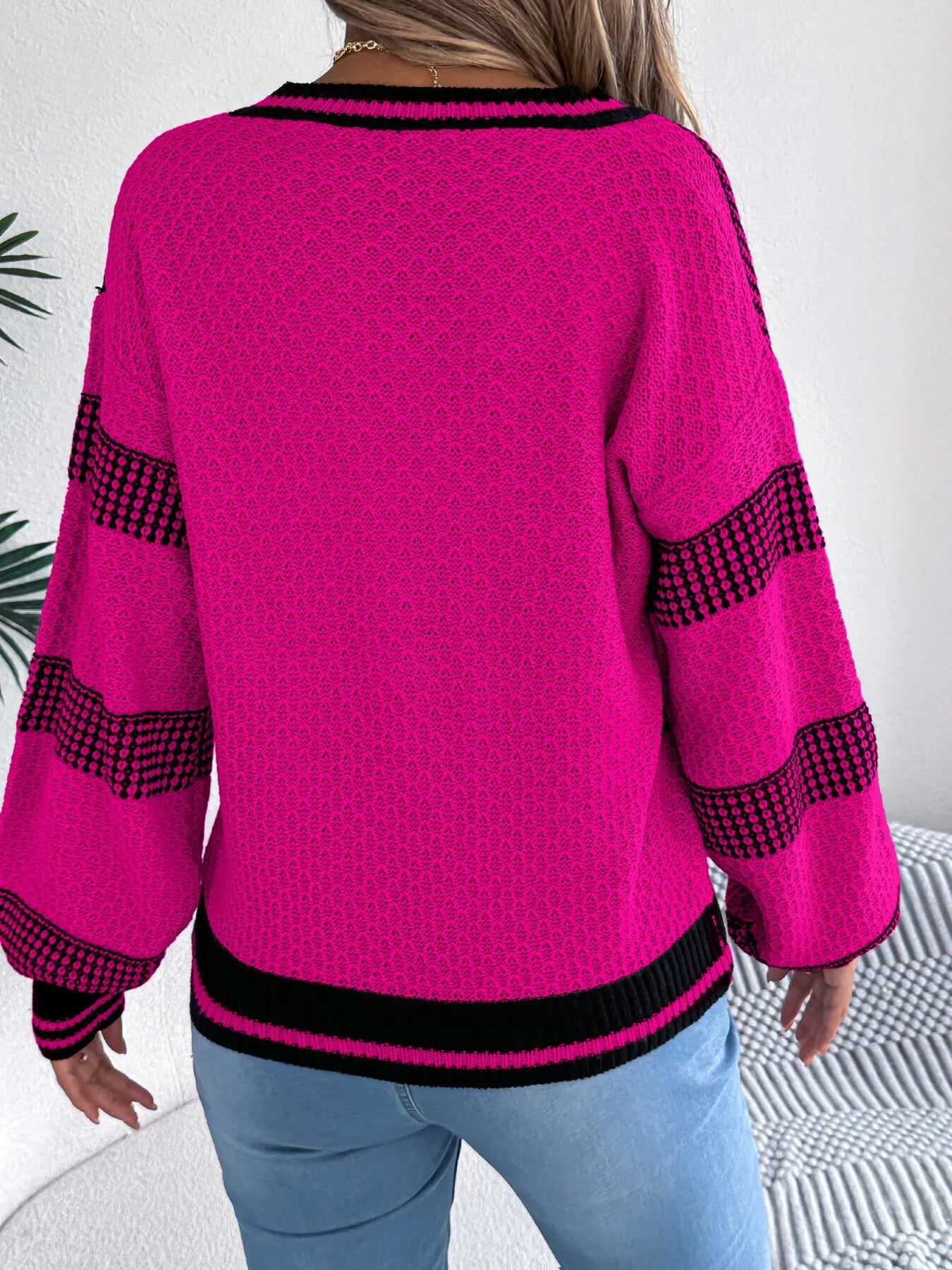 Contrast Striped V-Neck Sweater OutfitFlow