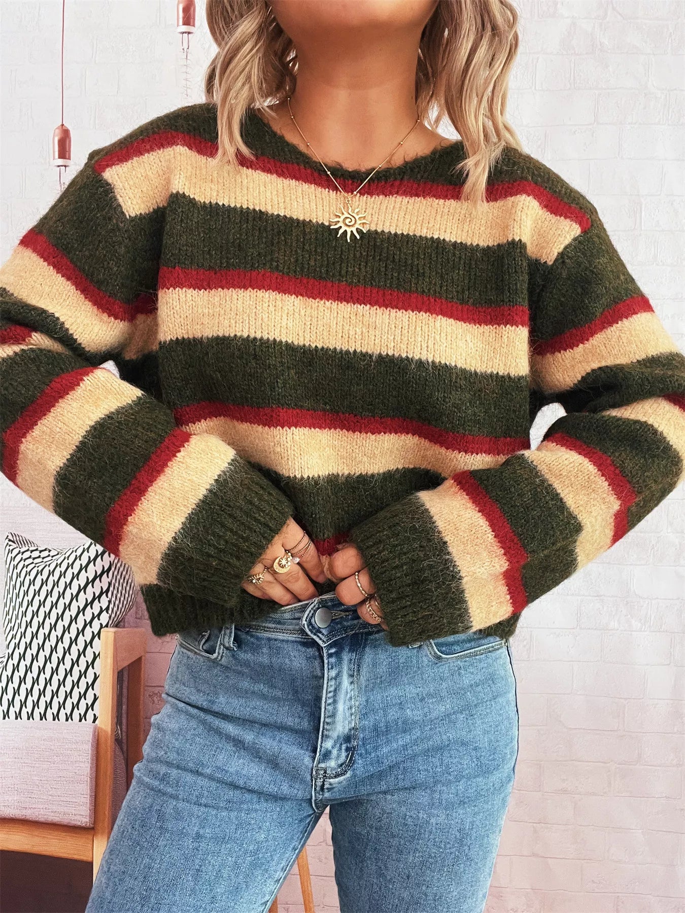 Striped Round Neck Long Sleeve Sweater Army Green One Size OutfitFlow