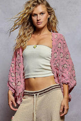 POL Openwork V-Neck Chenille Cardigan with Contrast Floral PINK BLUSH One Size OutfitFlow