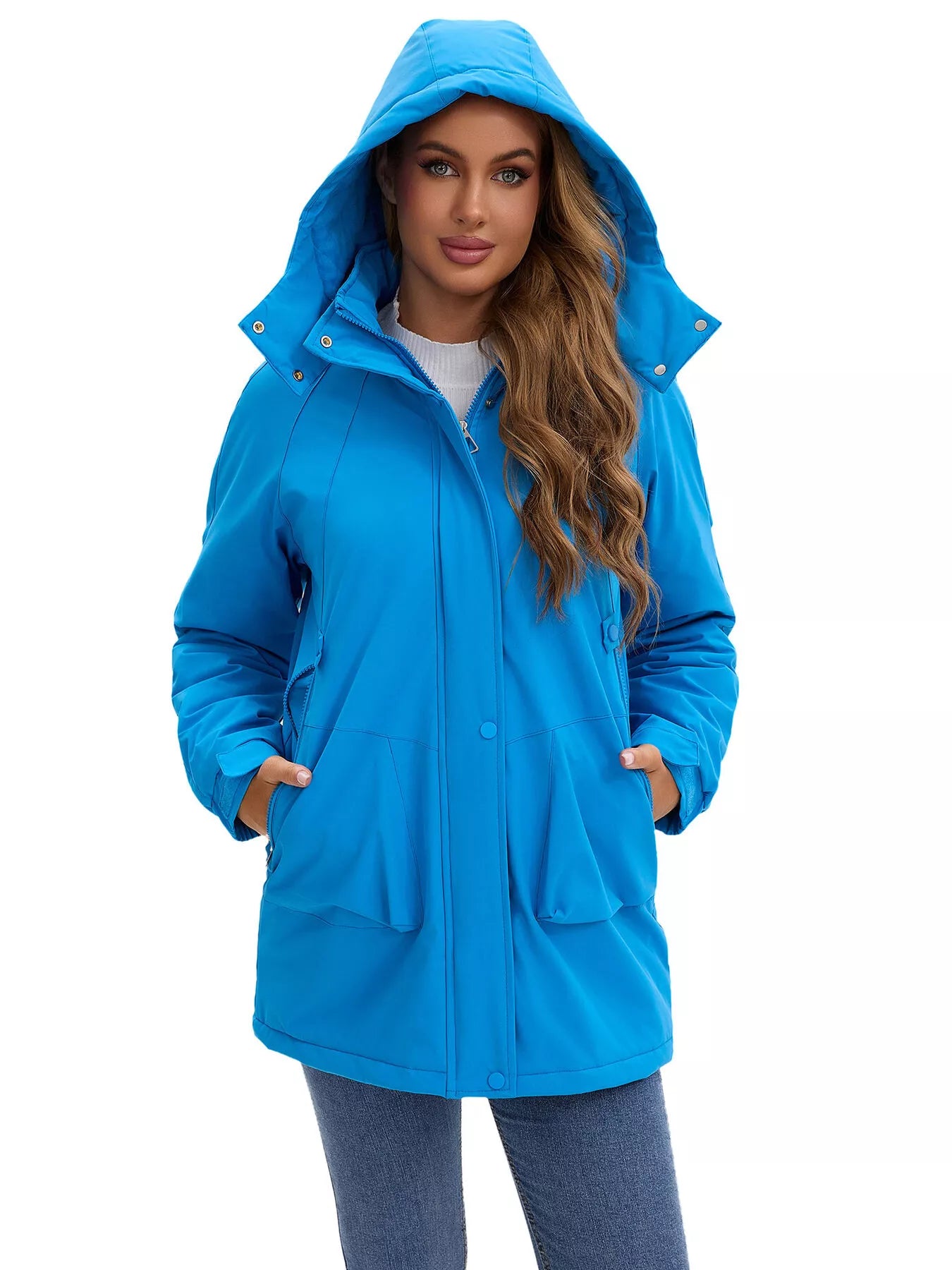 Full Size Hooded Mid-Length Windproof Outerwear Plus Size Blue OutfitFlow