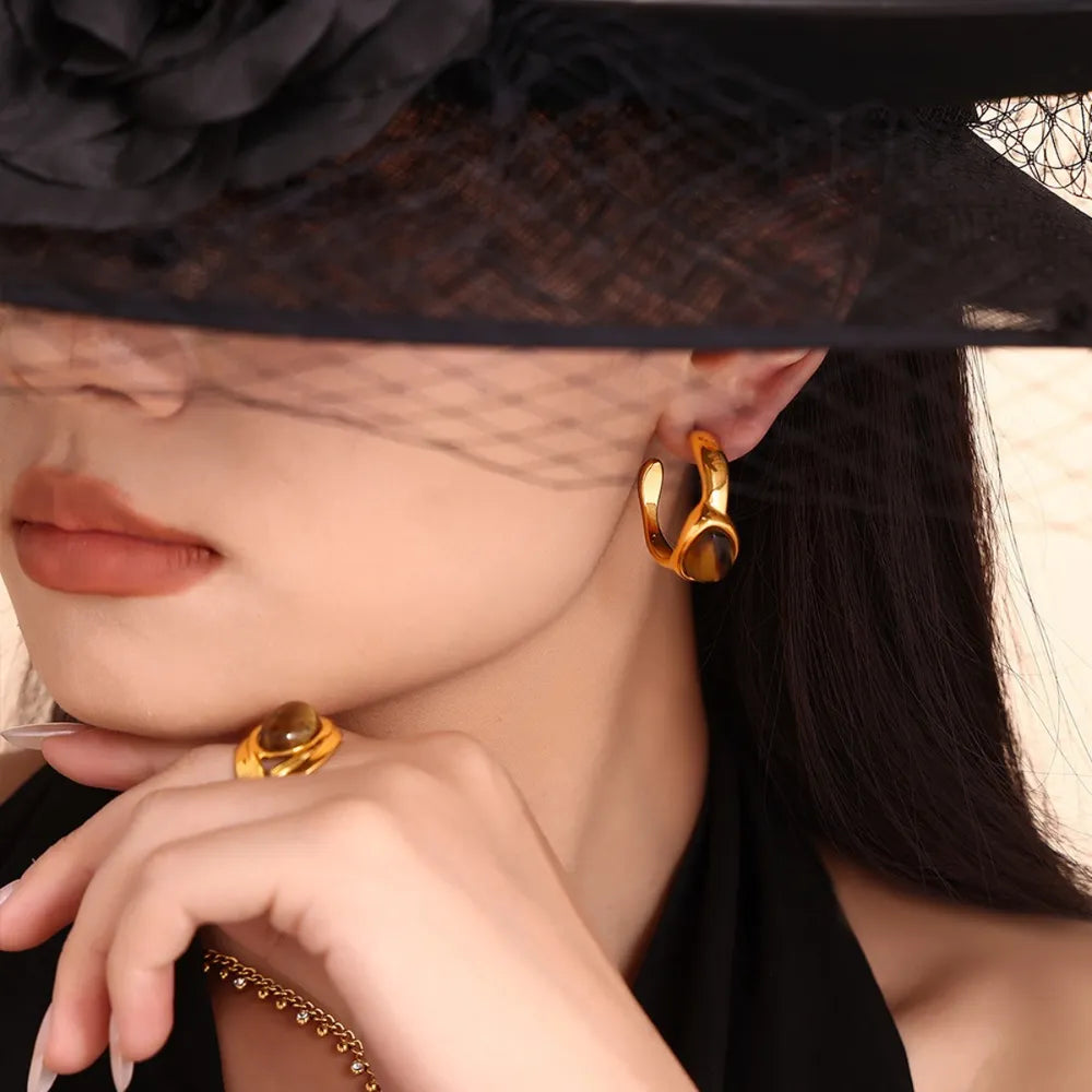 Stainless Steel Natural Tiger's Eye C-Hoop Earrings OutfitFlow