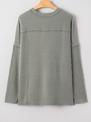 Twist Ribbed Exposed Seam Detail Long Sleeve Loose Top OutfitFlow