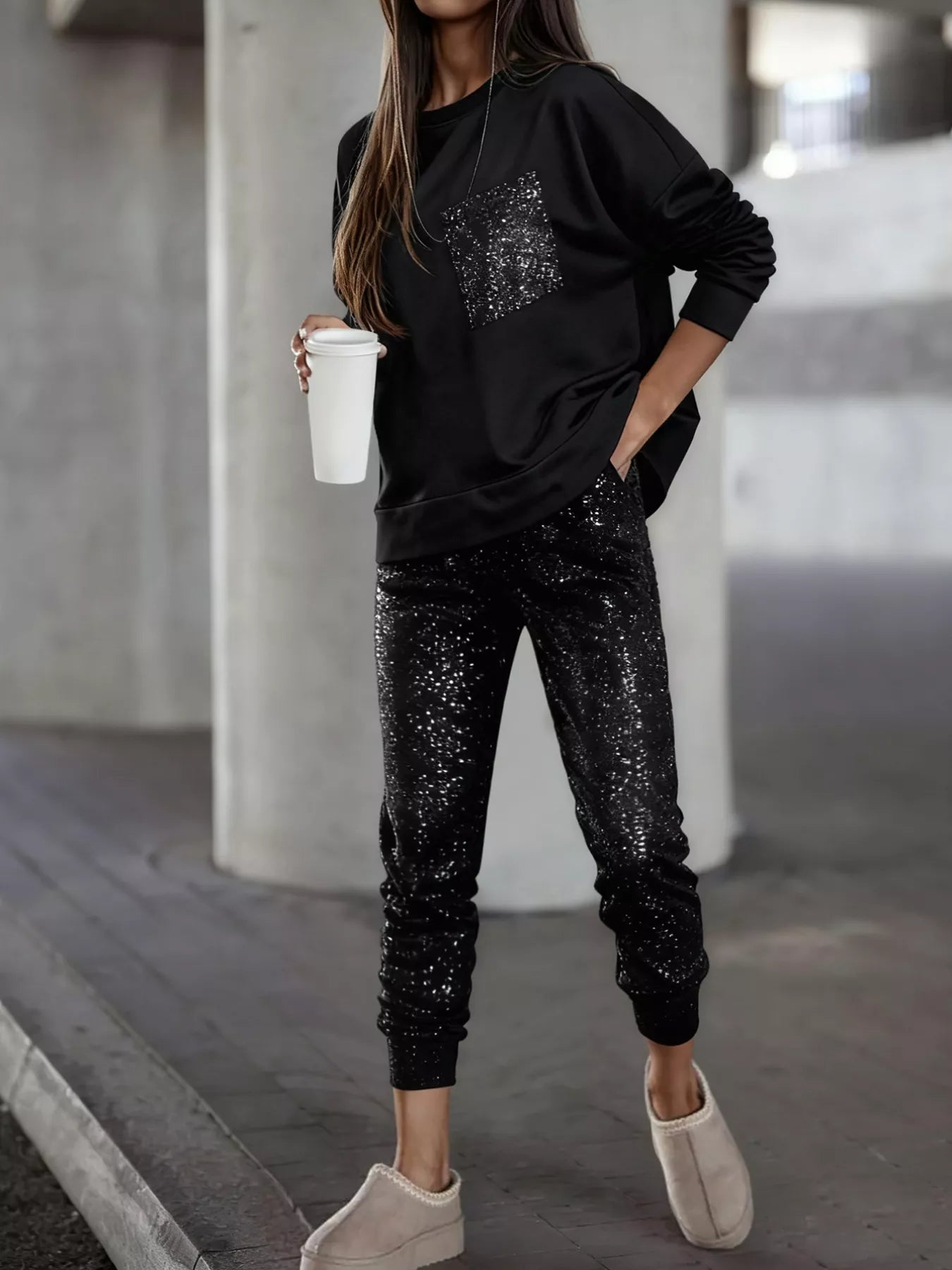 Printed Round Neck Top and Pants Set Black OutfitFlow