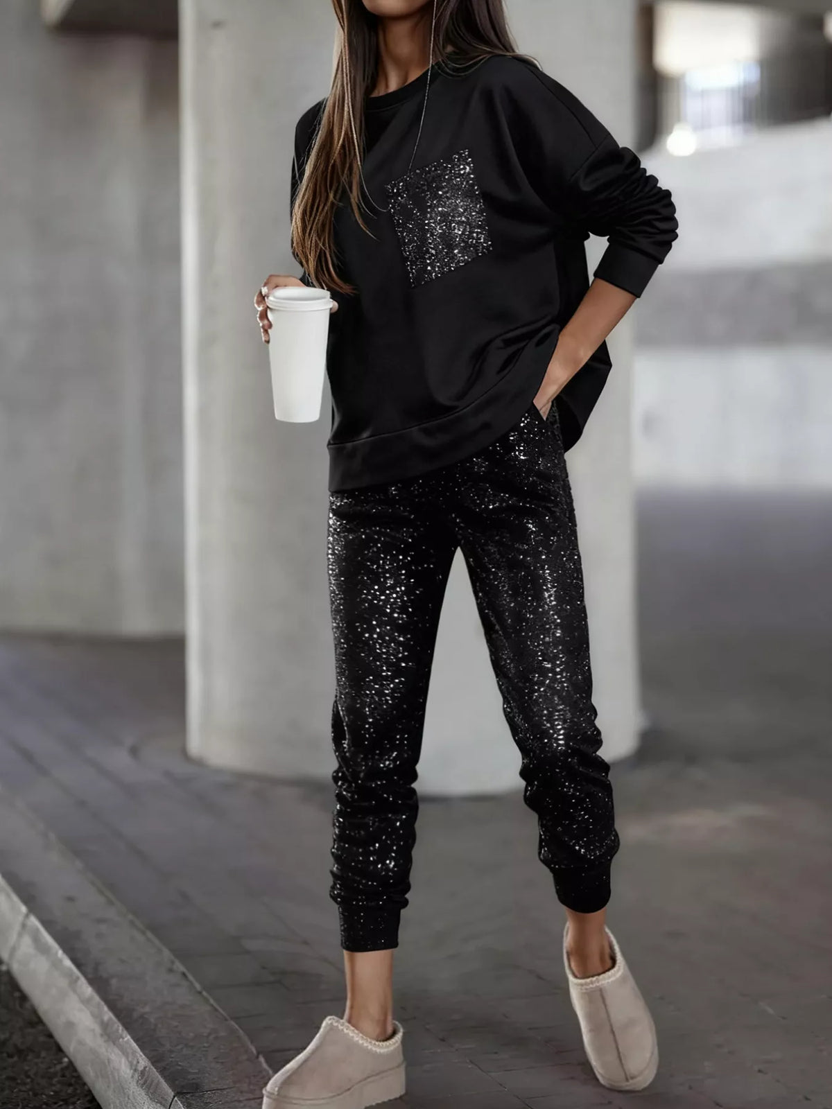 Printed Round Neck Top and Pants Set Black OutfitFlow