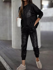 Printed Round Neck Top and Pants Set Black OutfitFlow