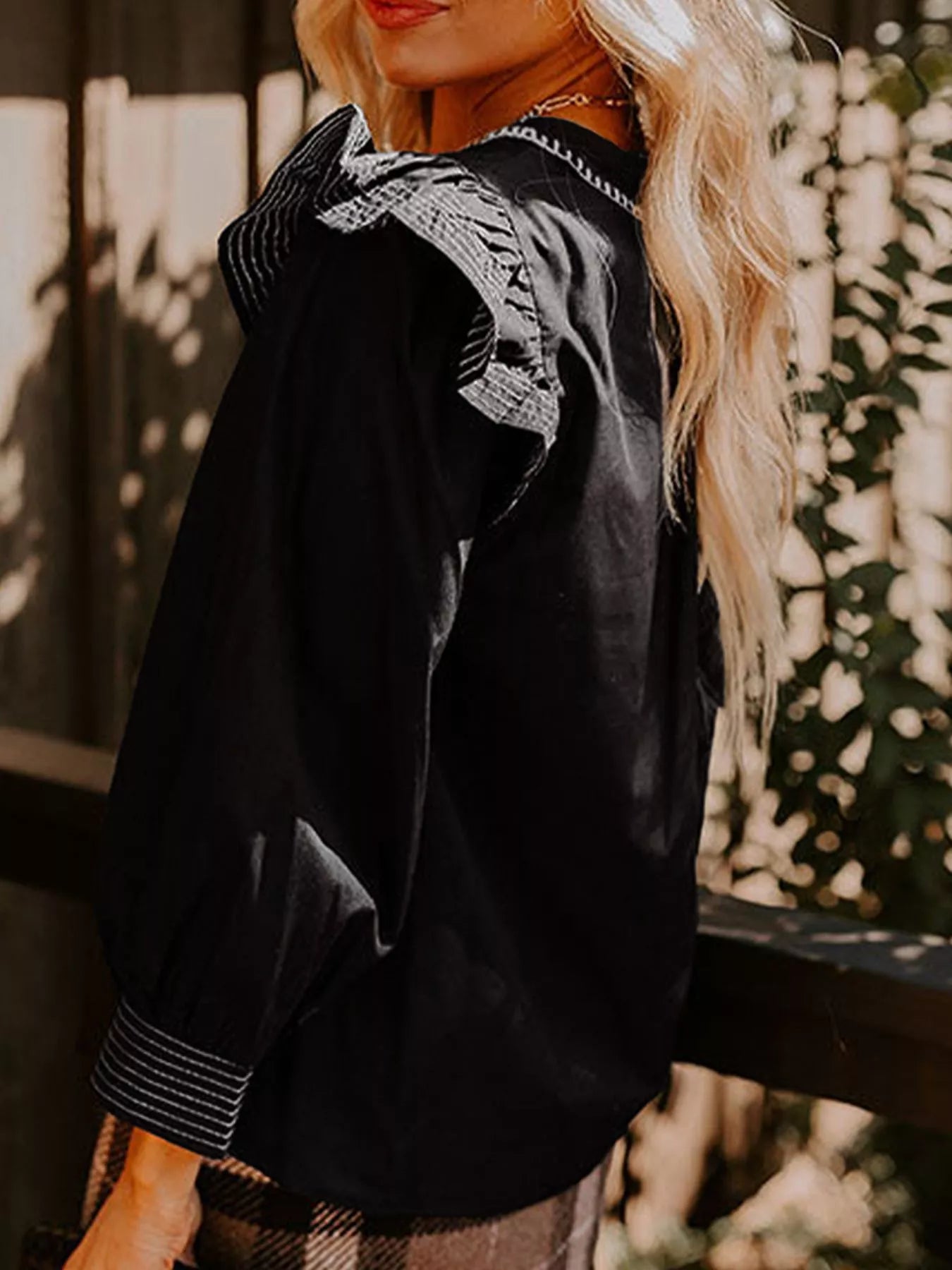 Ruffled Notched Long Sleeve Blouse OutfitFlow