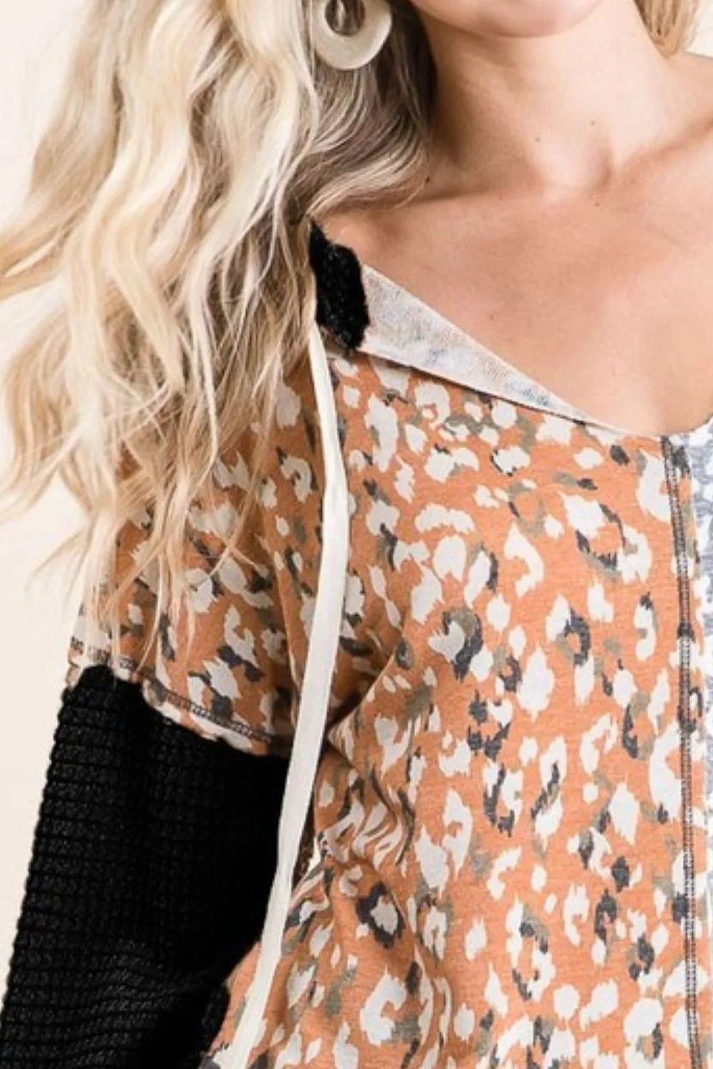 BiBi Popcorn Waffle Knit Hoodie with Print Block Front OutfitFlow