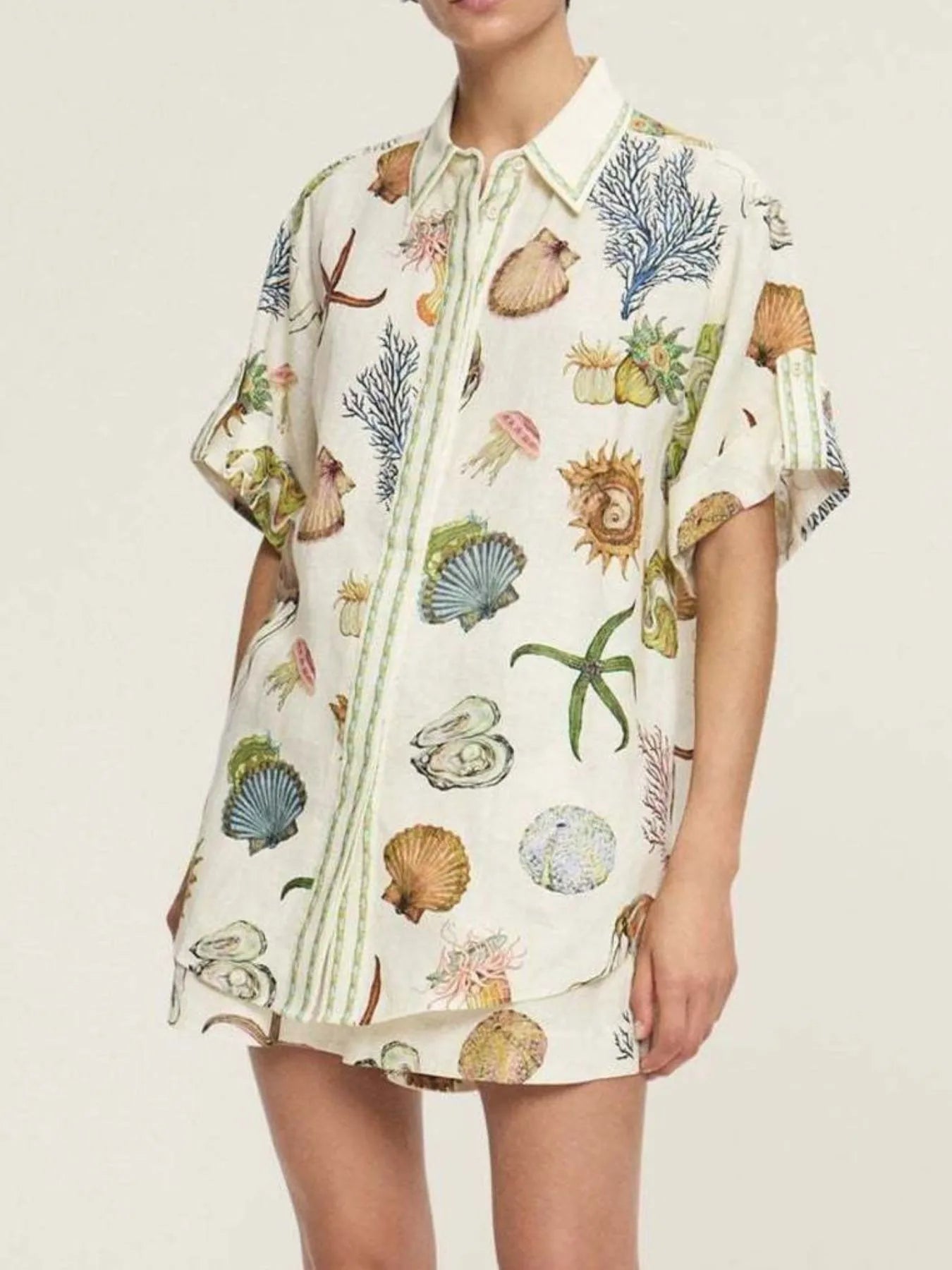 Printed Button Up Shirt and Shorts Set OutfitFlow