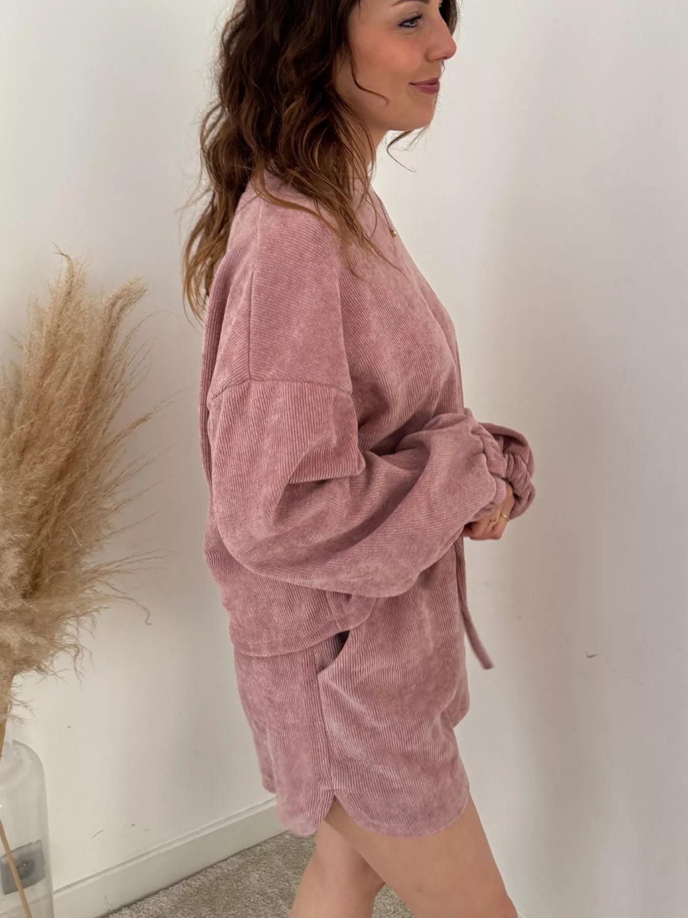 Round Neck Dropped Shoulder Top and Drawstring Shorts Set OutfitFlow