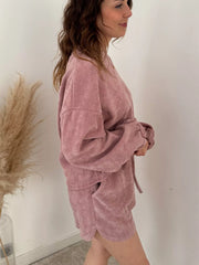 Round Neck Dropped Shoulder Top and Drawstring Shorts Set OutfitFlow