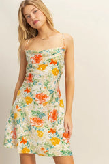 HYFVE Floral Cowl Neck Flirty Satin Mini Dress OutfitFlow
