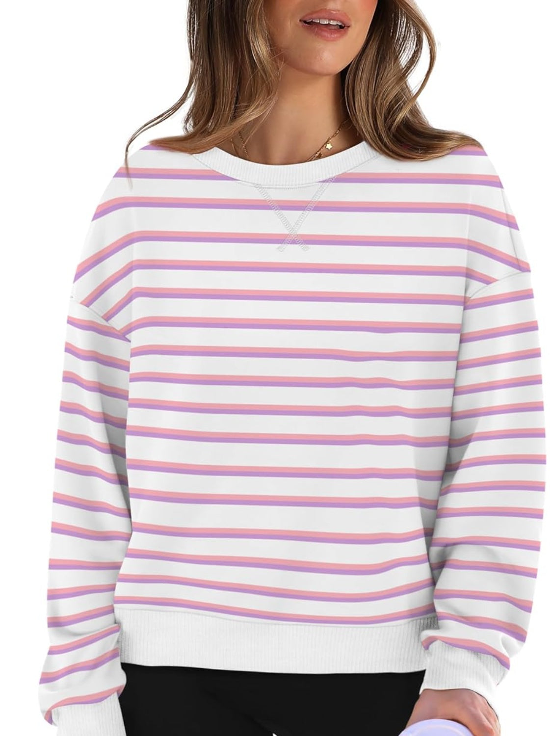 Outfit Flow - Lovelet Striped Round Neck Long Sleeve Sweatshirt