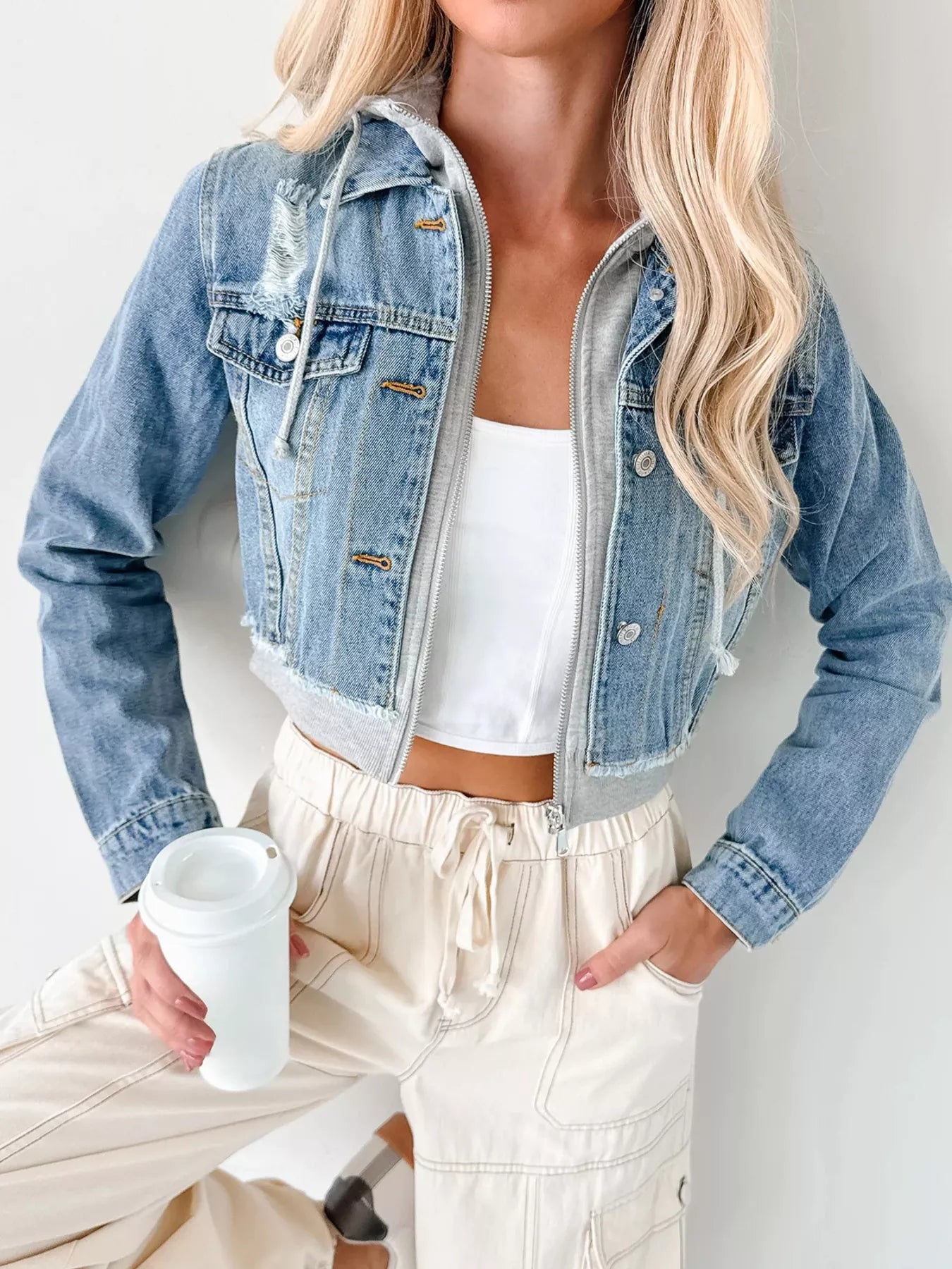 Distressed Zip Up Cropped Hooded Denim Jacket OutfitFlow
