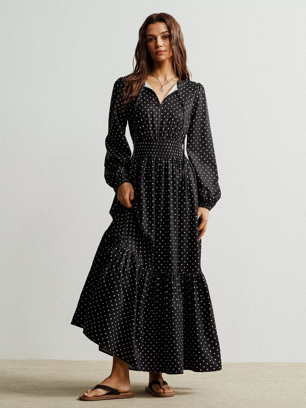Polka Dot Long Sleeve Maxi Dress Black OutfitFlow