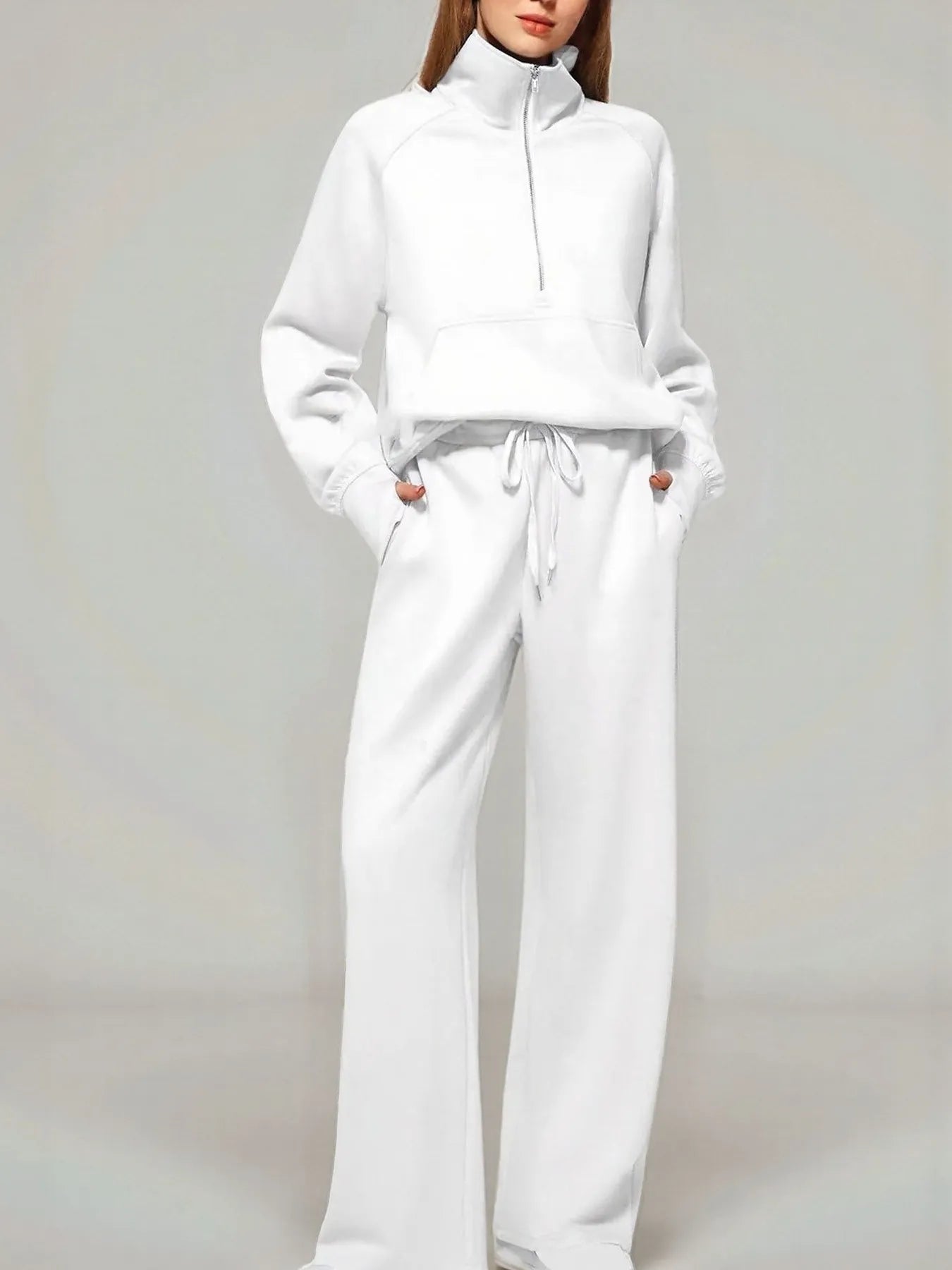 Half Zip Long Sleeve Top and Pants Set White OutfitFlow