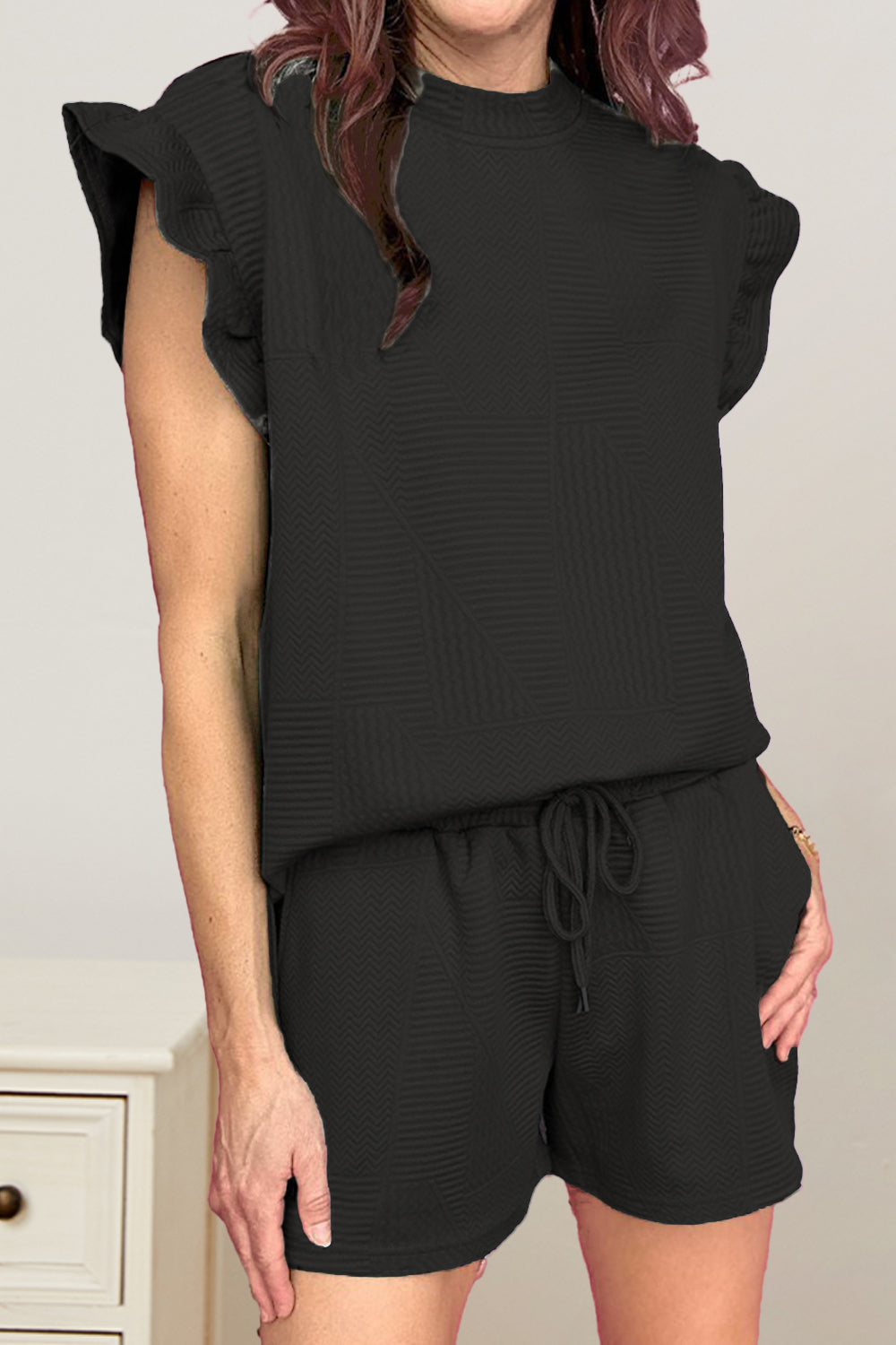 Slit Round Neck Top and Drawstring Shorts Set Black OutfitFlow