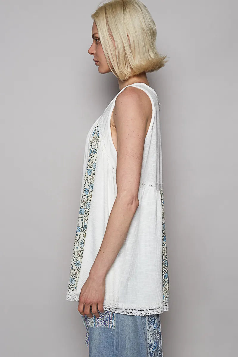 POL V Neck Sleeveless Tank Top with Lace Detail OutfitFlow