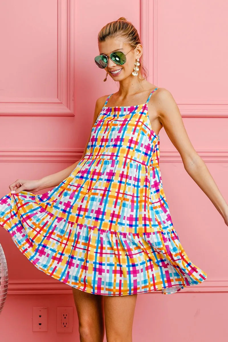 BiBi Multi Colors Plaid Sleeveless Sun Dress OutfitFlow