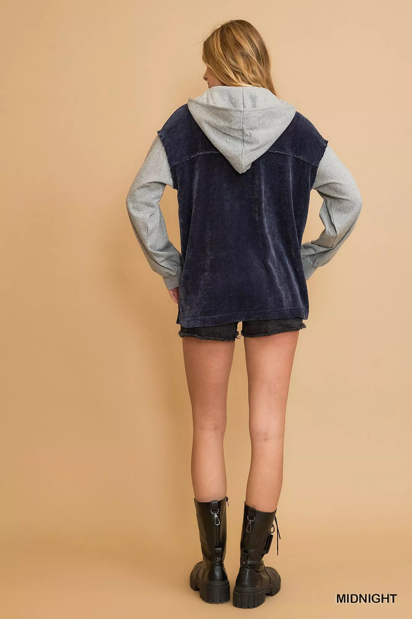 Umgee Contrast Hooded Chenille Jacket OutfitFlow