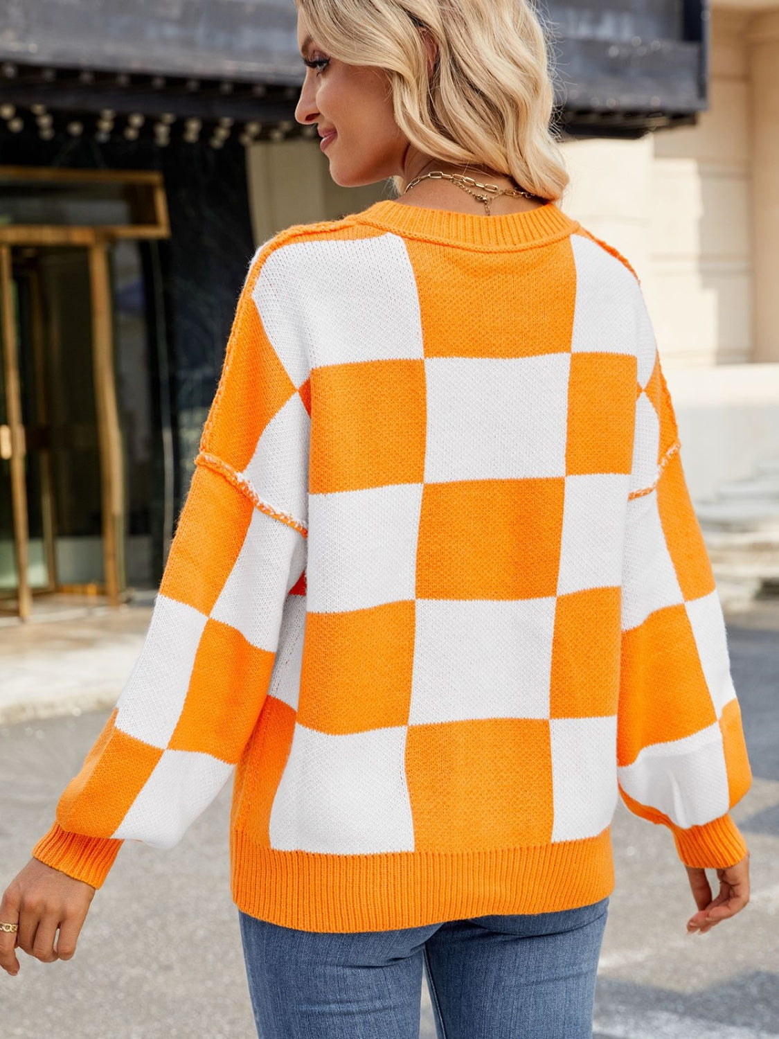 Outfit Flow - Checkered Round Neck Long Sleeve Sweater