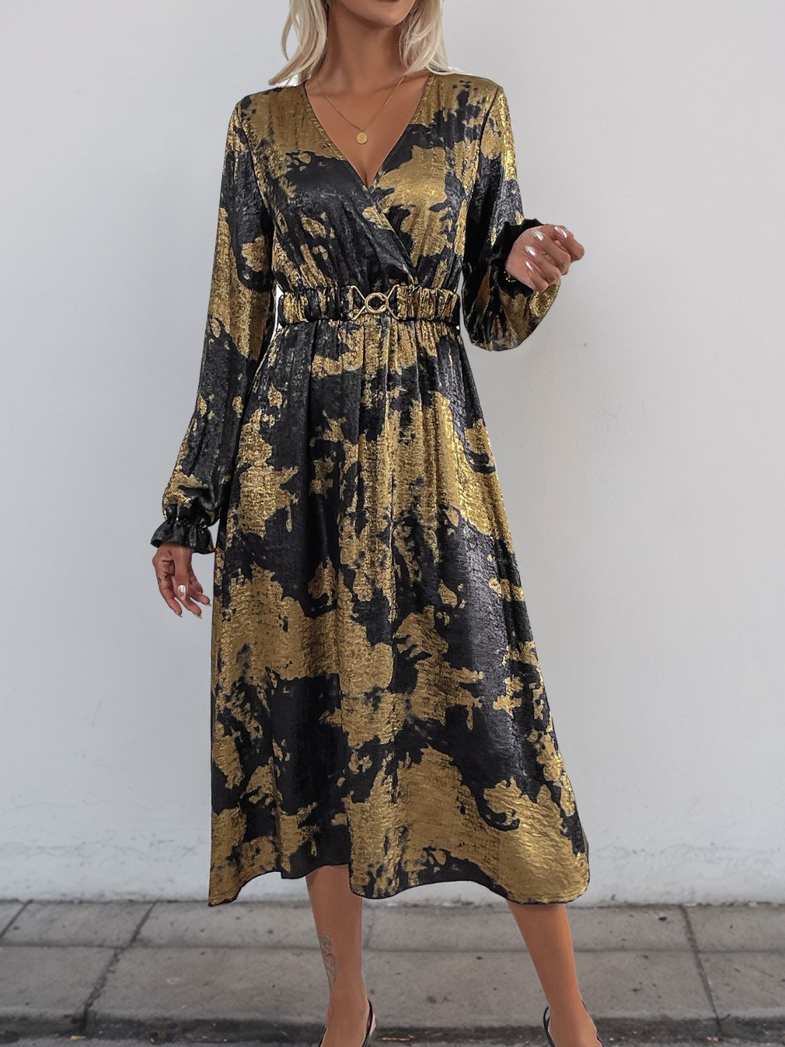 Outfit Flow - Perfee Printed Surplice Long Sleeve Midi Dress