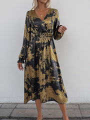 Outfit Flow - Perfee Printed Surplice Long Sleeve Midi Dress