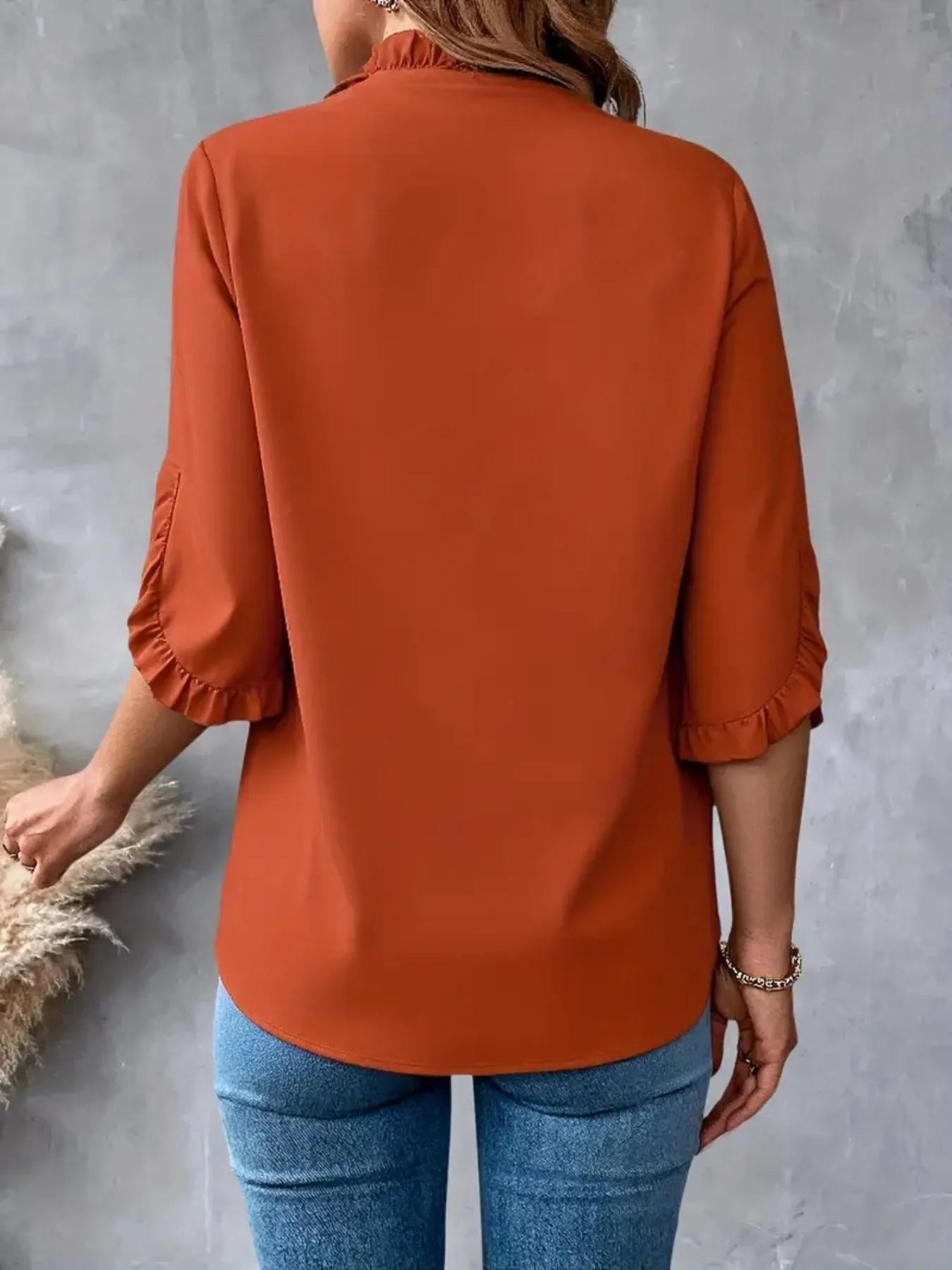 Ruffled V-Neck Short Sleeve Blouse OutfitFlow