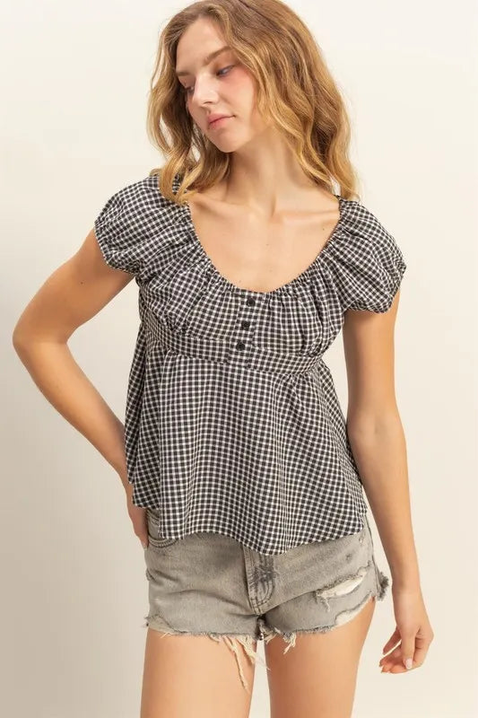 HYFVE Gingham Scoop Neck Cap Sleeve Blouse BLACK OutfitFlow