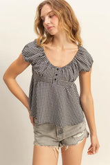 HYFVE Gingham Scoop Neck Cap Sleeve Blouse BLACK OutfitFlow