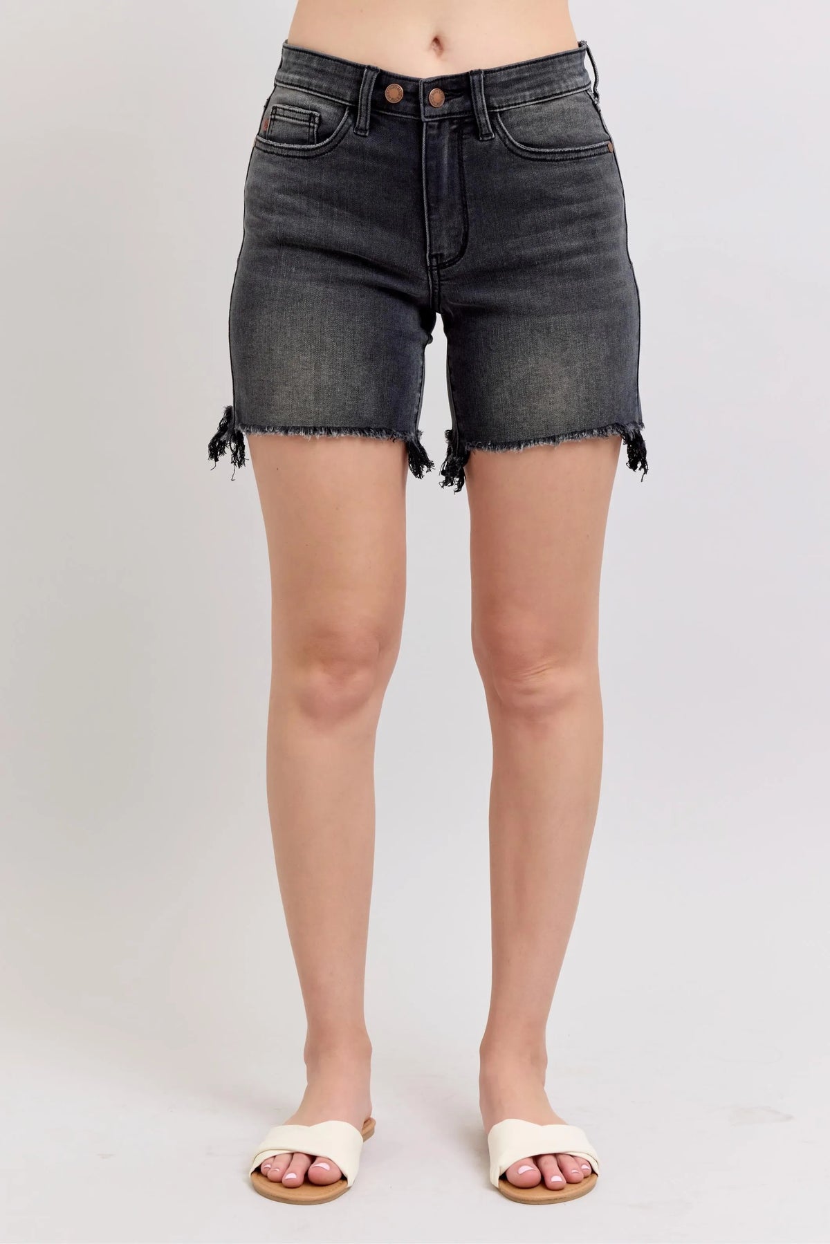 Judy Blue Full Size Long Cut Off 2 Button Dad Denim Shorts Plus Size Black OutfitFlow
