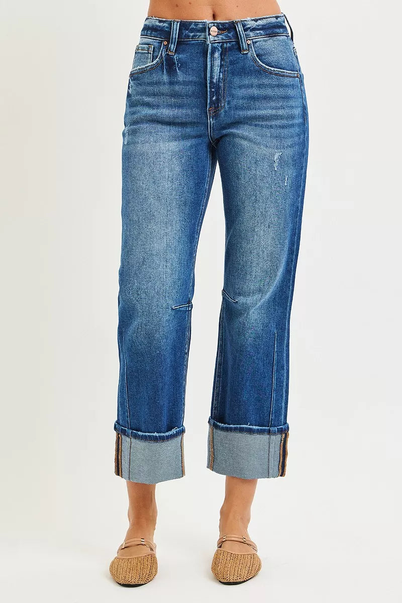 RISEN High Rise Straight Jeans with Distressed Hem OutfitFlow
