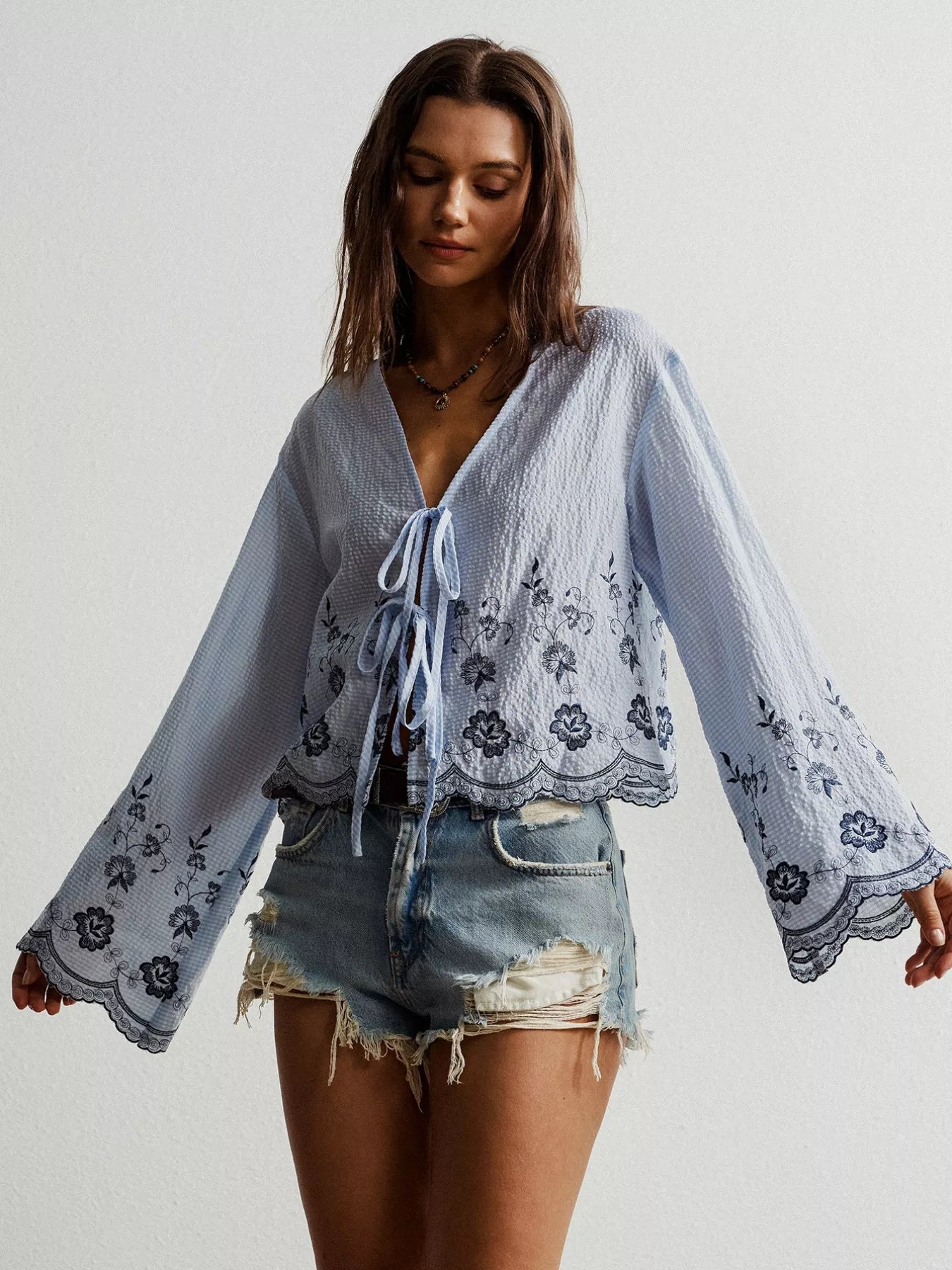 Floral Embroidered Tie-Front Blouse OutfitFlow