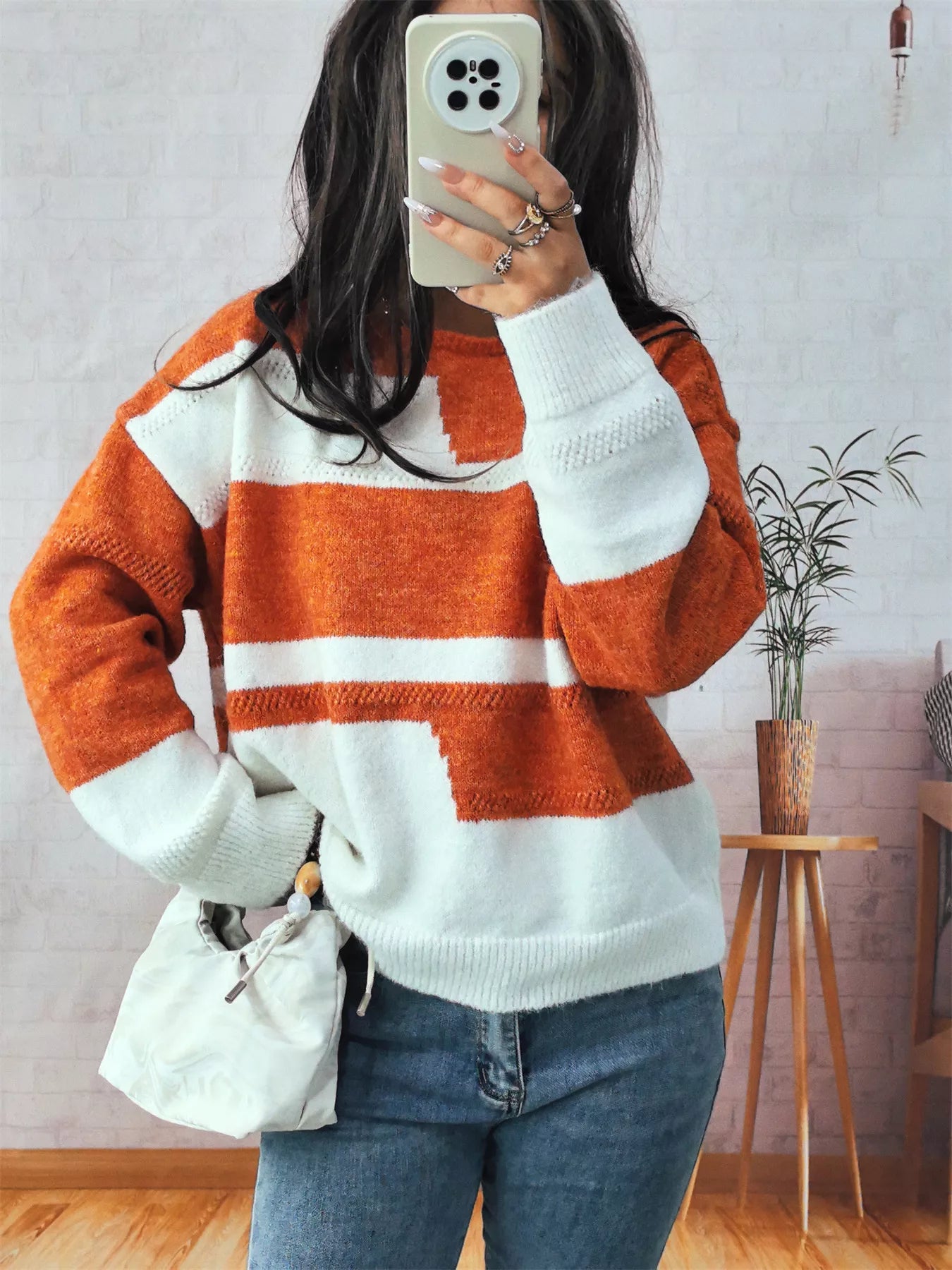 Color Block Round Neck Sweater OutfitFlow