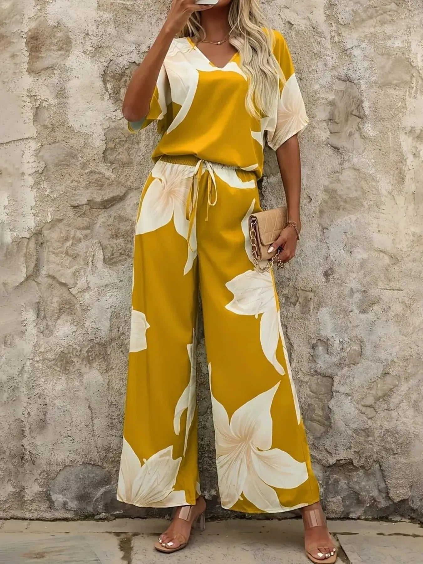 Printed V-Neck Top and Pants Set OutfitFlow