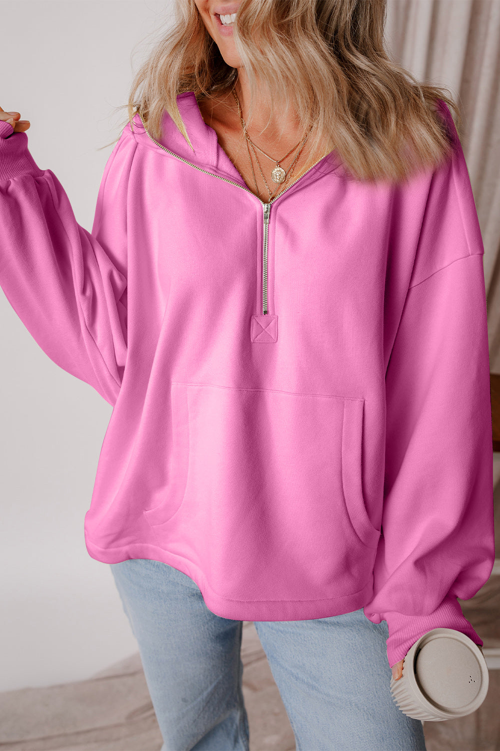Pocketed Half Zip Dropped Shoulder Hoodie Pink OutfitFlow