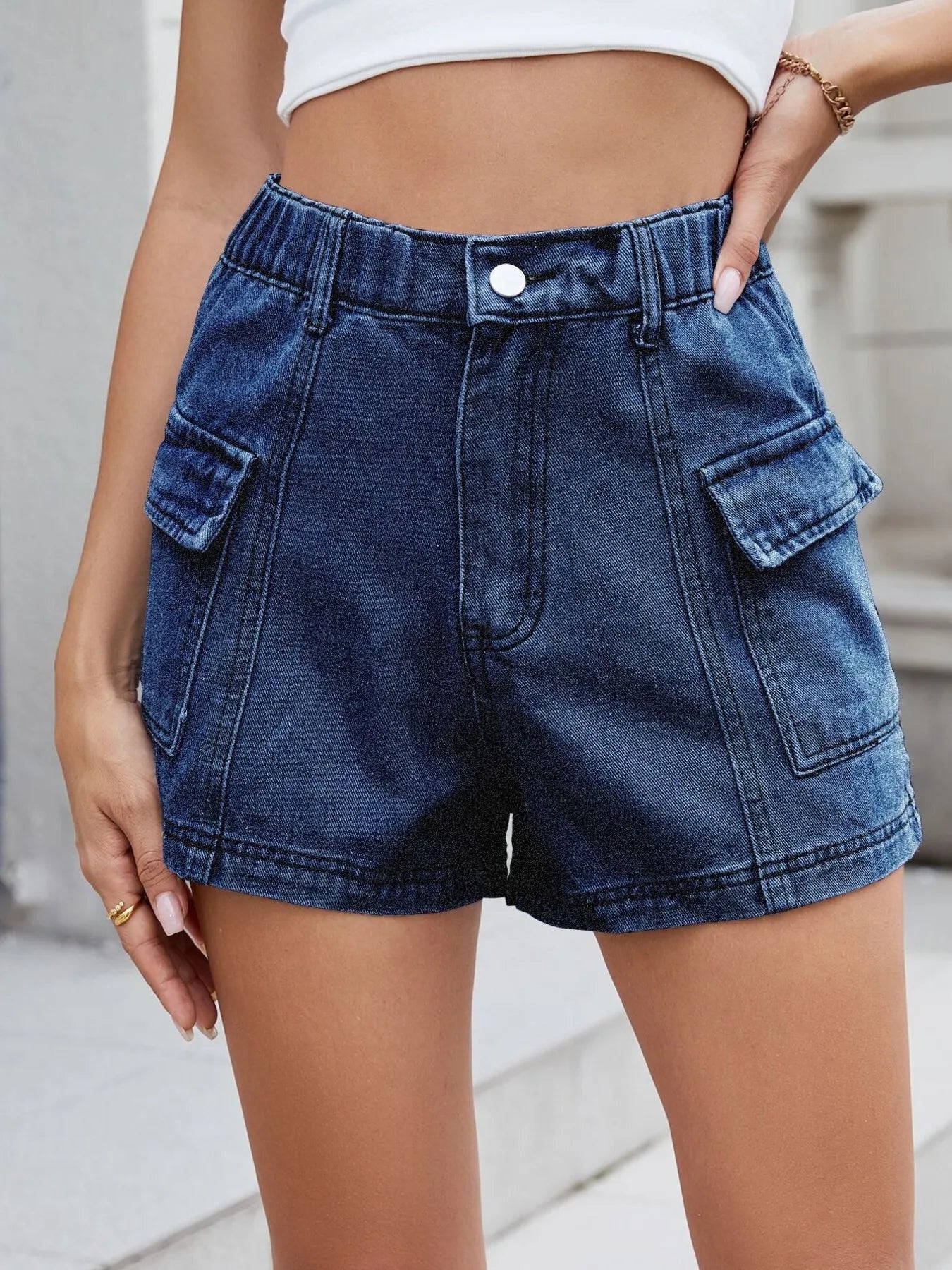 High Waist Cargo Denim Shorts Deep Blue OutfitFlow