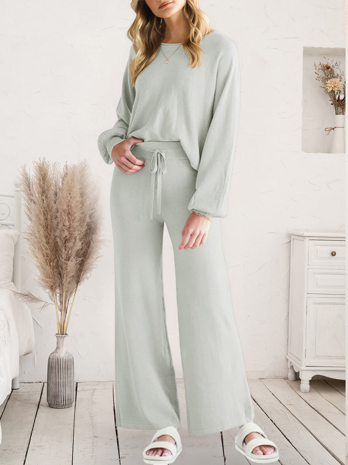 Outfit Flow - Long Sleeve Lounge Top and Drawstring Pants Set