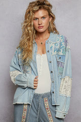 POL Printed Woven Mix Raw Hem Jacket with Lace Detail Pastel Blue OutfitFlow