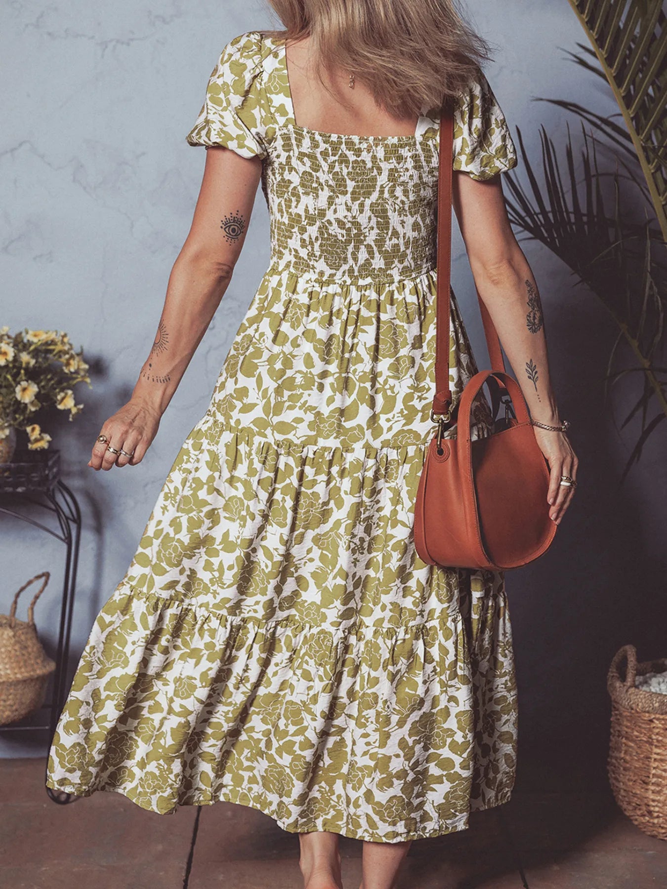 Boho Floral Square Neck Smocked Bust Puff Sleeve Tiered Dress OutfitFlow