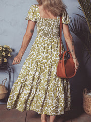 Boho Floral Square Neck Smocked Bust Puff Sleeve Tiered Dress OutfitFlow